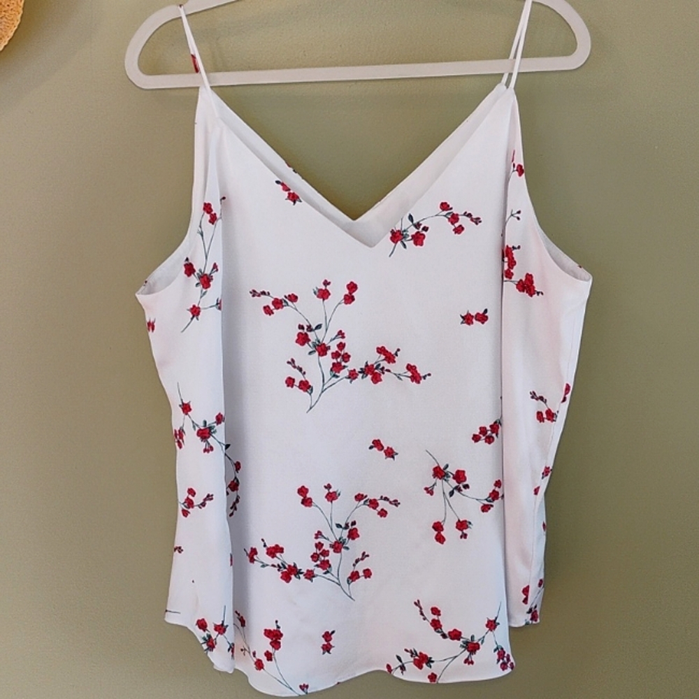 Express Flowy Cami, Spaghetti Straps, Ivory with Cherry Blossom Print, Size XL
